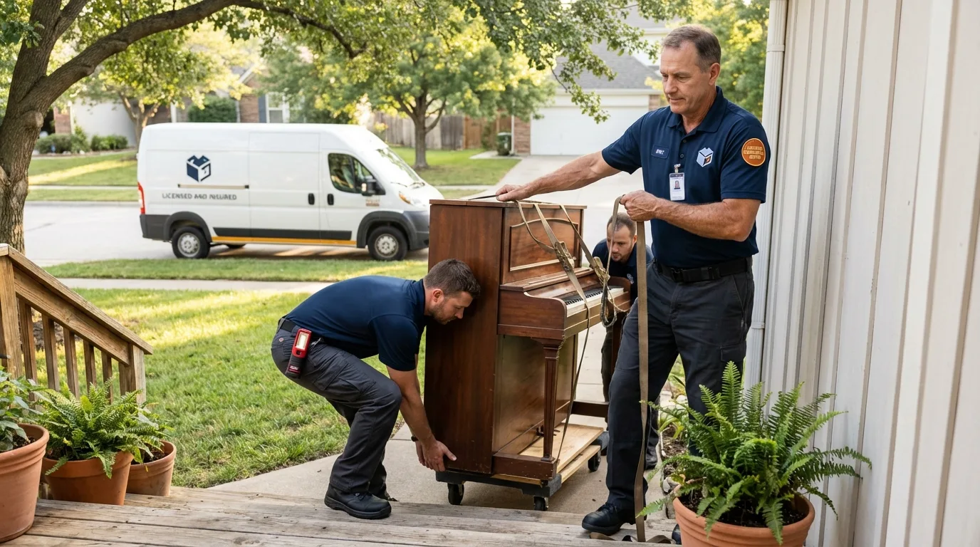 Licensed piano movers securing grand piano in Gotha, FL