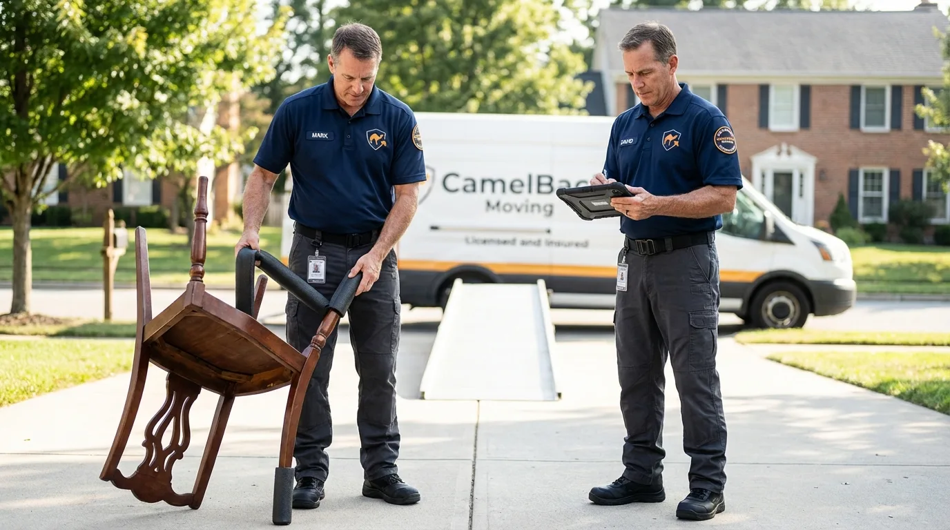 Movers inspecting furniture for damage prevention before loading in Gotha, FL