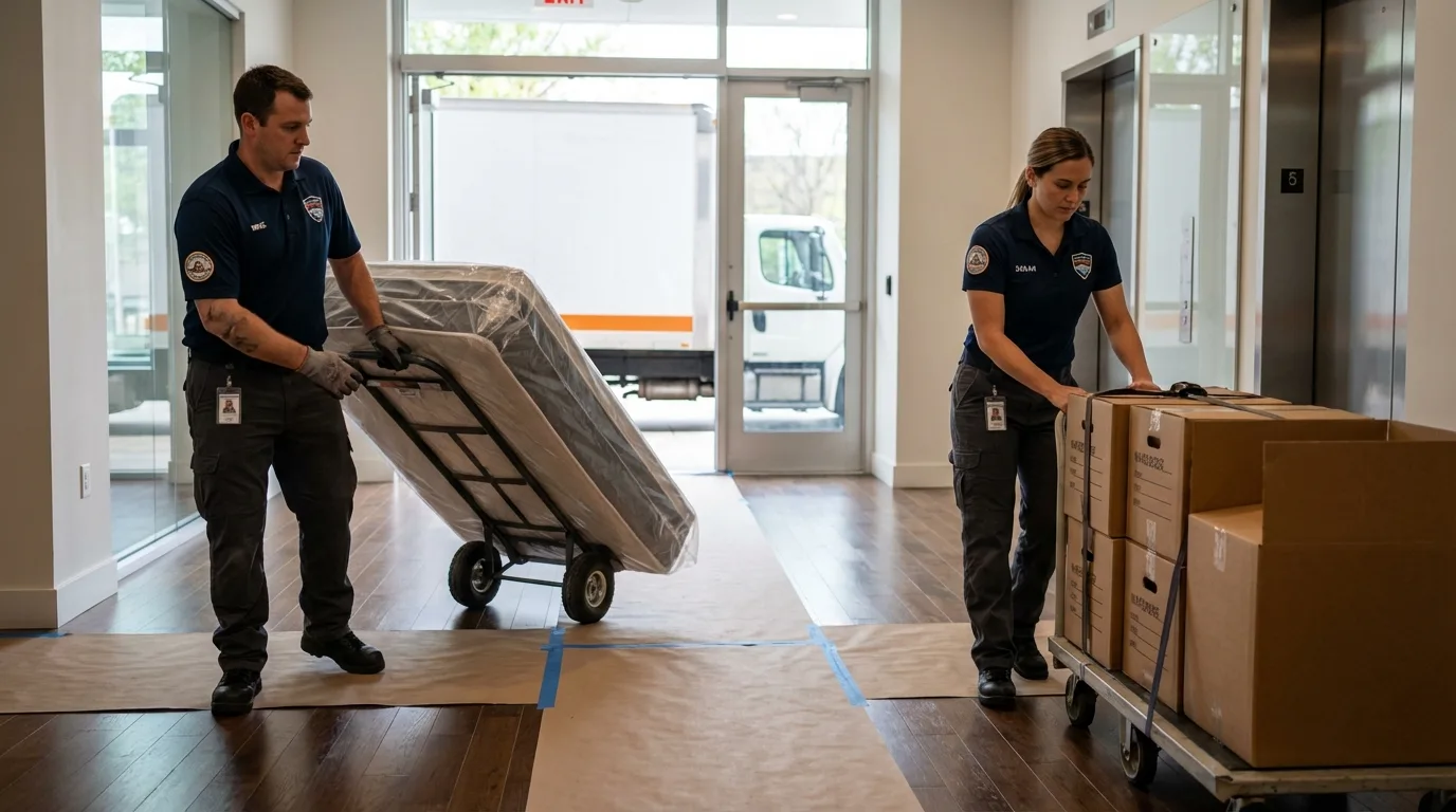 Professional apartment movers loading elevator in Gotha, FL
